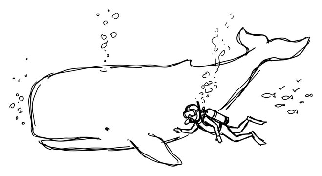 Huge whale swimming next to scuba diver in deep ocean hand drawn sketch style