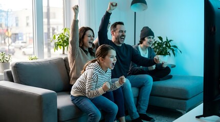 Obraz premium A Happy Family Of Four Enjoys Home Entertainment, Sitting On The Couch And Cheering Enthusiastically For A Win Or Favorite Show.
