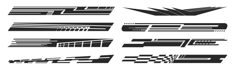 Modern racing stripe design. Black speed line decal car vinyl wrap, motorcycle drift sticker. Checkered flag pattern, energy wave graphic, turbo power automotive motion track element. © Azat Valeev