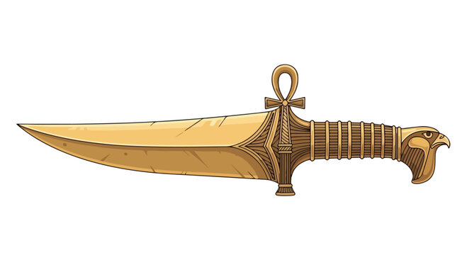 Golden ceremonial dagger with ornate handle and ankh symbol on a white background.