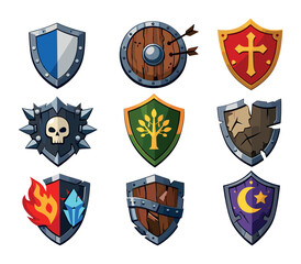 Obraz premium Various cartoon shields with symbols like a cross, skull, tree, moon, and damaged textures, representing game UI assets