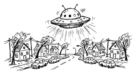 UFO spacecraft hovering over a suburban street with houses and cars in hand drawn sketch style © AnimalZOO