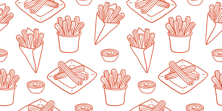 churros seamless pattern hand drawn sketch mexican street food pastry background with fried dough snacks and chocolate sauce
