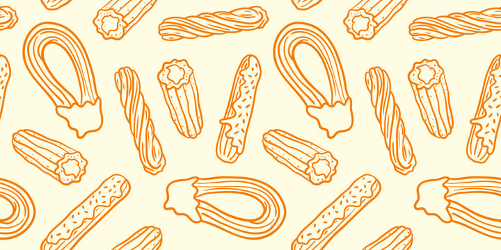 churros seamless pattern with chocolate topping hand drawn sketch delicious fried dough pastry sweets bakery wallpaper background