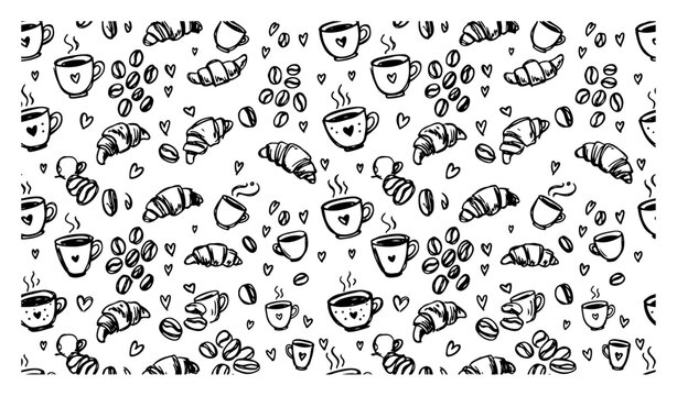 Seamless pattern with coffee cups croissants and coffee beans in hand drawn sketch style