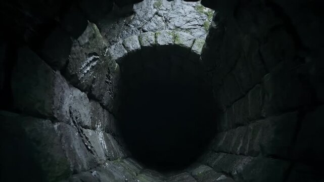 Looking down into a dark, stone-lined well at night
