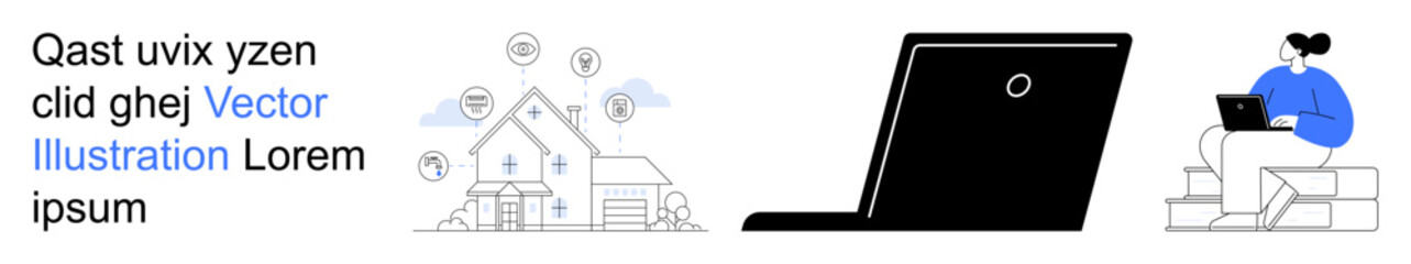 Remote work, digital tools, online communication, smart home, connectivity, modern workforce. House with tech icons, laptop and woman with device. Remote work and digital tools concept © robu_s