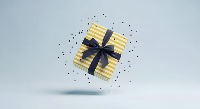 Yellow gift box with black bow and confetti on light blue background
