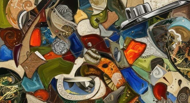 Mixed colorful objects in disarray mess.