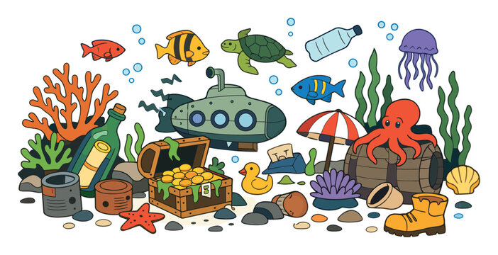 Underwater pollution and sea life illustration, featuring plastic waste, a shipwrecked submarine, treasure chest, octopus, and fish