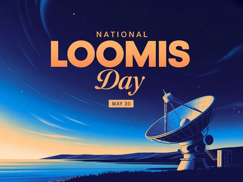 National loomis day may 30 celebration graphic with a large satellite dish antenna overlooking a scenic coastal landscape at night