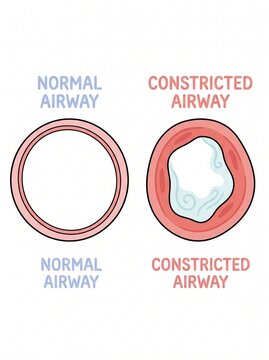 An illustration compares a normal airway and a constricted airway highlighting differences in their diameters due to cardiac muscle fiber contraction.