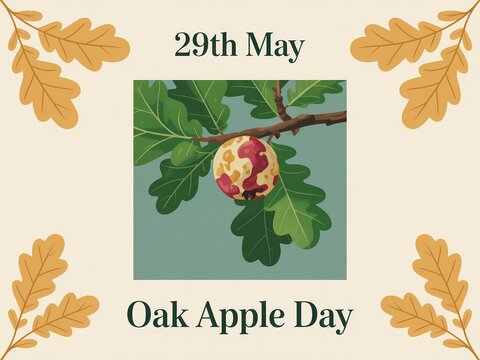 Oak apple day illustration with oak leaves and gall on branch, 29th may commemorative graphic design