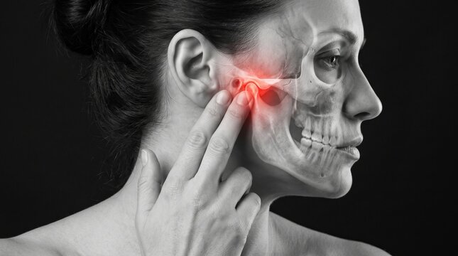 Medical concept showing highlighted jaw pain and facial anatomy in woman portrait, ideal for healthcare, dentistry and pain treatment topics.