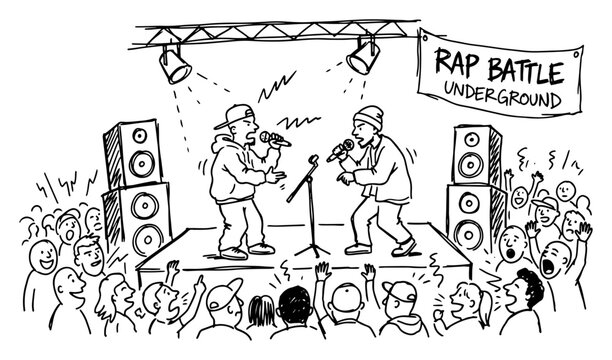 Underground rap battle concert on stage with speakers and crowd hand drawn sketch style