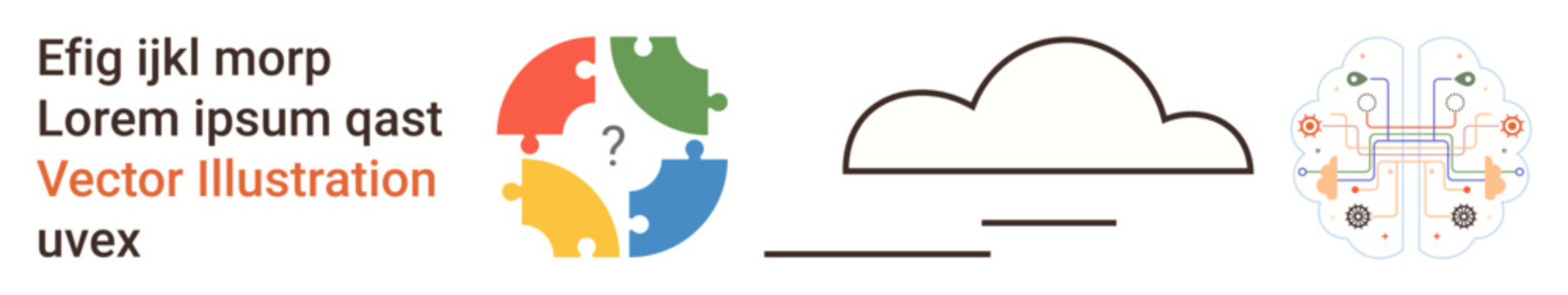 Problem solving, technology integration, data cloud, decision-making, innovation strategies, and cognitive science. Puzzle pieces with a question mark, cloud outline, and brain circuit diagram