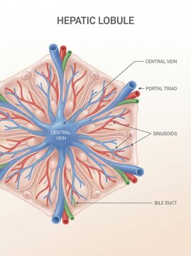 A detailed illustration of a hepatic lobule with labeled hepatic structures