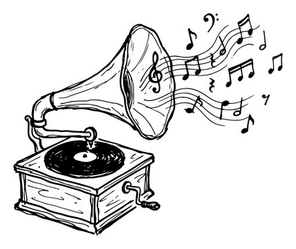 Vintage gramophone playing music with floating notes doodle style