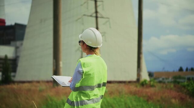 Specialist Inspecting Industrial Energy Infrastructure and Cooling Towers. Expert Supervising Maintenance on Power Station 