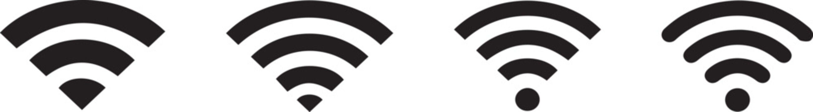 four progressive wifi signal strength indicator icons in a row from weak to full connection in flat minimal black design for technology and network use