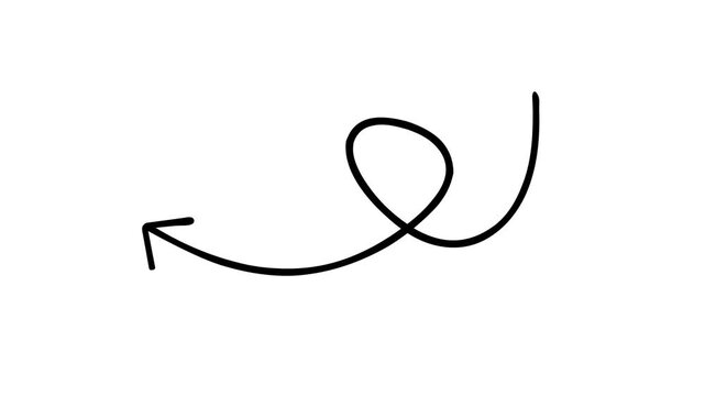 Animated hand drawn black arrow looping and pointing left on white background for creative storytelling highlights and whiteboard explainer video projects or presentations.
