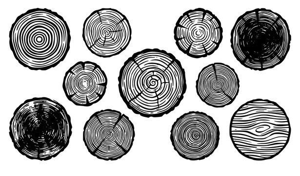 Trendy wood grain circle vector bundle with tree rings and rustic linocut texture patterns