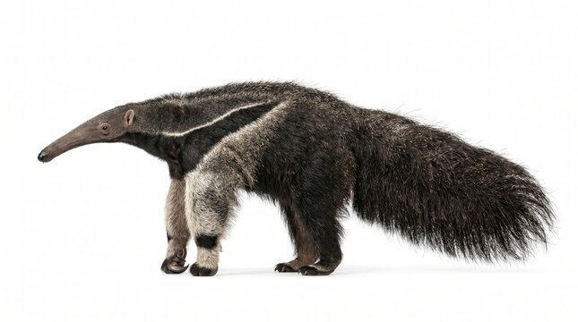Side view of giant anteater isolated on clean background showing long snout, bushy tail and wildlife anatomy for zoology and exotic animal themes.