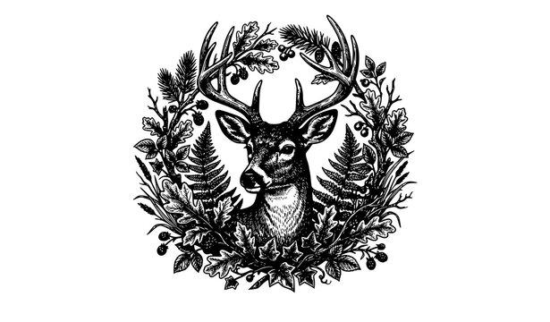 Vintage deer sketch vector with forest foliage and detailed hand drawn wildlife illustration