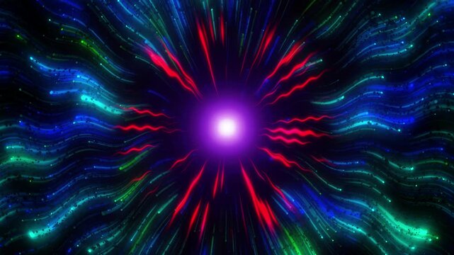 Dynamic light rays burst from center creating powerful energy effect, hyperspace light speed motion graphics, abstract light burst with magical shiny rays and particles for cinematic VFX 4K