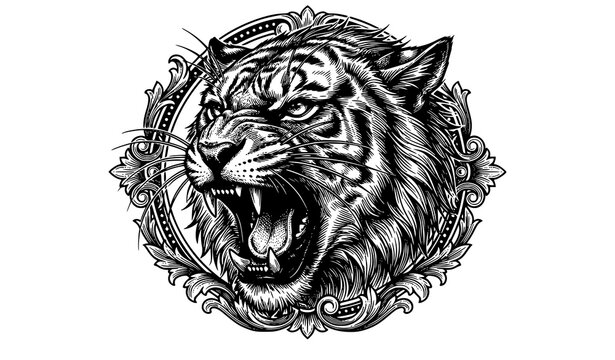 Vintage roaring cat face engraving vector with sharp teeth and aggressive feline expression