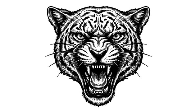 Classic cat roar engraving vector with fierce feline face and detailed line art