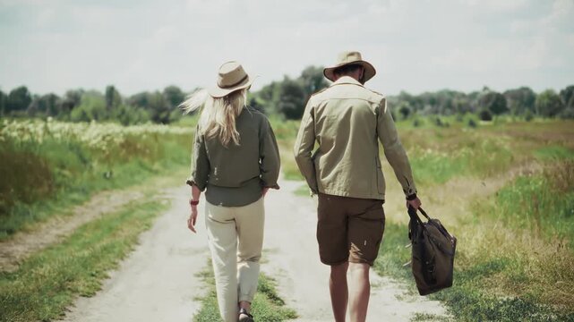 Couple of Adventurers Journeying on Countryside Path. Outdoor Exploration and Navigation in Wilderness