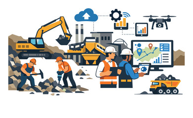 Naklejka premium Mining operation showing workers, excavator, and dump truck alongside engineers monitoring processes with drones, cloud computing, and smart devices