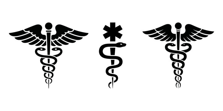 Medical symbols, caduceus icons, healthcare signs, vector graphics