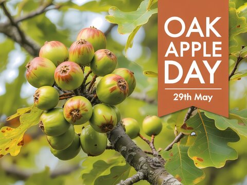 Oak apple day celebration poster with oak galls on a tree branch, 29th may