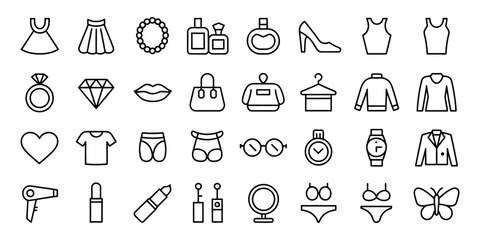 Naklejka premium Fashion icons, clothing symbols, beauty signs, 25 line icons