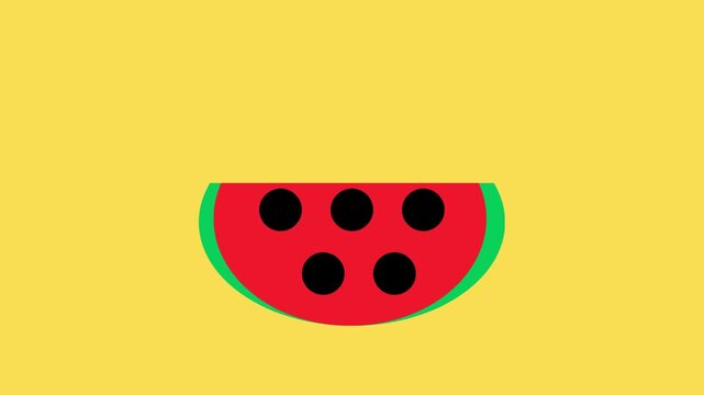 Animated Watermelon Half Slice with Black Seeds on Yellow Background Flat Design Summer Fruit