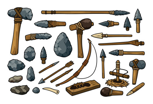 Stone age tools set featuring primitive weapons, hunting elements, and archaeology equipment for ancient human life
