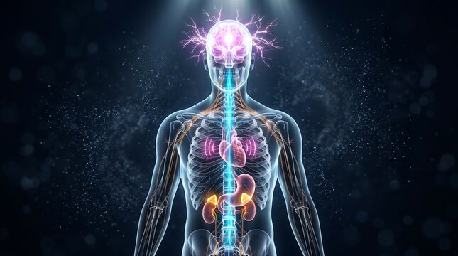 Stress response nervous system activation 3D human body medical visualization with glowing hyperactive brain synaptic firing spine neural pathways adrenal glands and heart response mapping