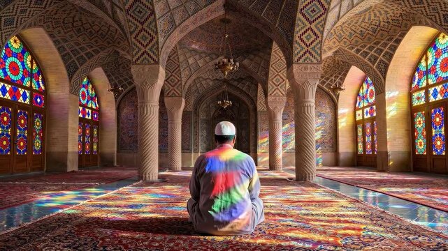 Man Praying Inside a Beautiful Mosque with Colorful Stained Glass Windows.