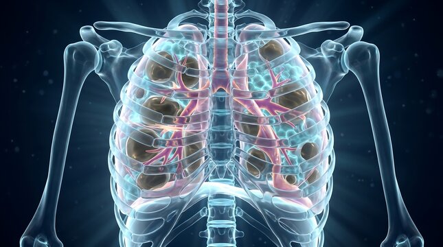 Emphysema and lung hyperinflation 3D medical visualization of human chest showing bullous lung disease and alveolar wall destruction in translucent anatomy model