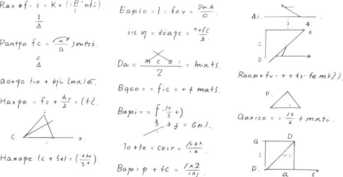 Handwritten Math Equations and Scientific Formulas Background, Educational Calculation Sketches with Geometry and Algebra Elements on White.