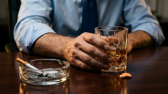 Man Hand Holding Whiskey Glass with Cigarette in Ashtray and Pills on Wooden Table - Stress Alcohol and Smoking Concept