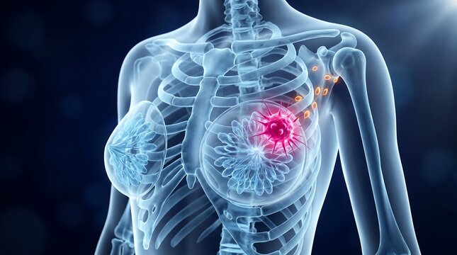 Breast cancer 3D medical visualization of female upper torso anatomy in translucent glass showing tumor mass and axillary lymph node involvement with clinical oncology detail