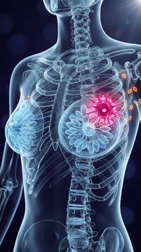 Breast cancer 3D medical visualization of female upper torso anatomy in translucent glass showing tumor mass and axillary lymph node involvement with clinical oncology detail