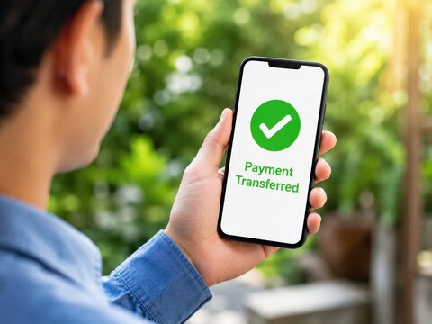 Person using phone showing payment transferred success notification green checkmark.