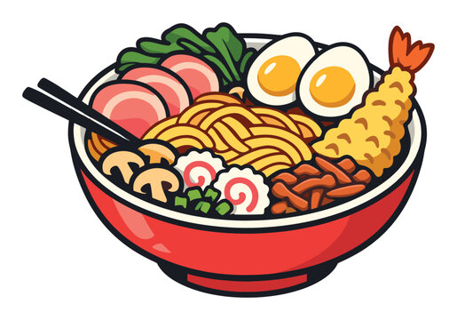 Vibrant bowl of ramen noodles packed with assorted toppings, showing traditional Asian cuisine for lunch or dinner