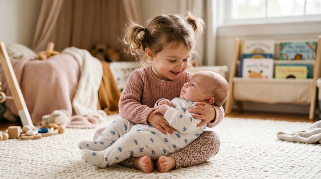 Young girl holding baby sibling in nursery room