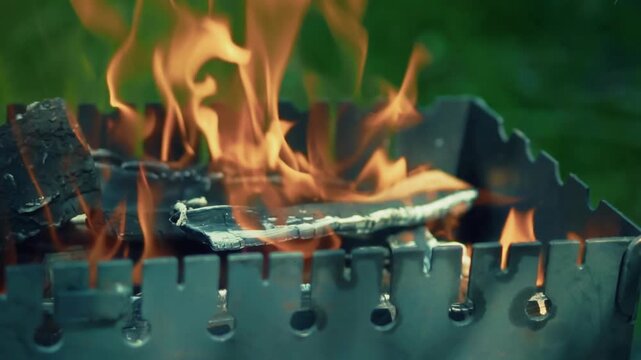 Bright Fire Burning Wood Inside Metal Grill For Barbecue. Preparation for Picnic Cooking