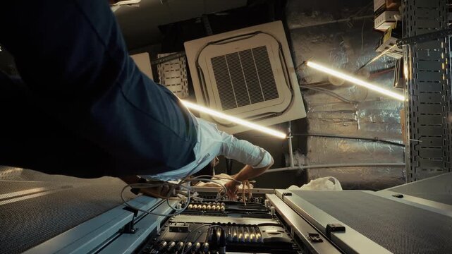 IT Engineer Working with Cables in Server Room. Specialist Maintaining Hardware Infrastructure